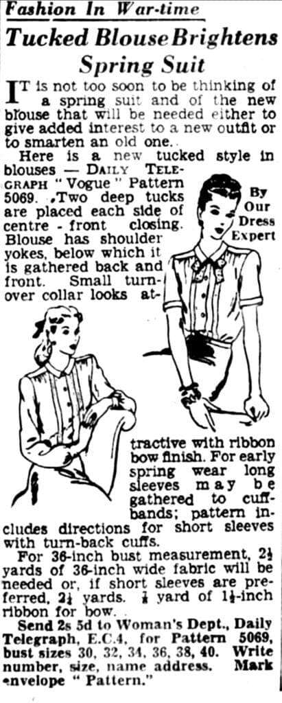 “Tucked Blouse Brightens Spring Suit” Daily Telegraph, 8 Ja. 1945, p.2.